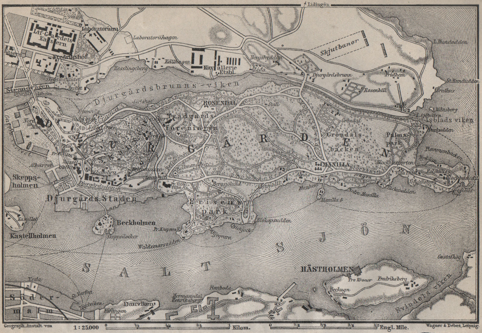 DJURGARDEN Djurgården. Stockholm. Sweden karta. BAEDEKER 1912 old antique map